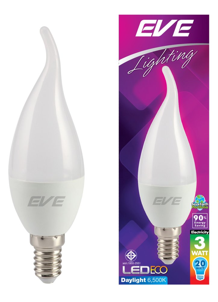 EVE หลอดแอลอีดี อีโค ทรงโอเปร่า 3 วัตต์ เดย์ไลท์ E14 แพ็ค 6 หลอด EVE หลอดแอลอีดี อีโค ทรงโอเปร่า 3 วัตต์ เดย์ไลท์ E14 แพ็ค 6 หลอด