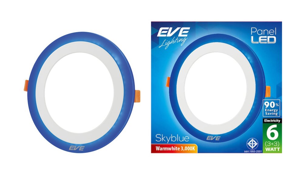 EVE โคมพาเนลไลท์แอลอีดี สกายบลู หน้ากลม (3+3) 6 วัตต์ วอร์มไวท์ แพ็ค 2 หลอด EVE โคมพาเนลไลท์แอลอีดี สกายบลู หน้ากลม (3+3) 6 วัตต์ วอร์มไวท์ แพ็ค 2 หลอด