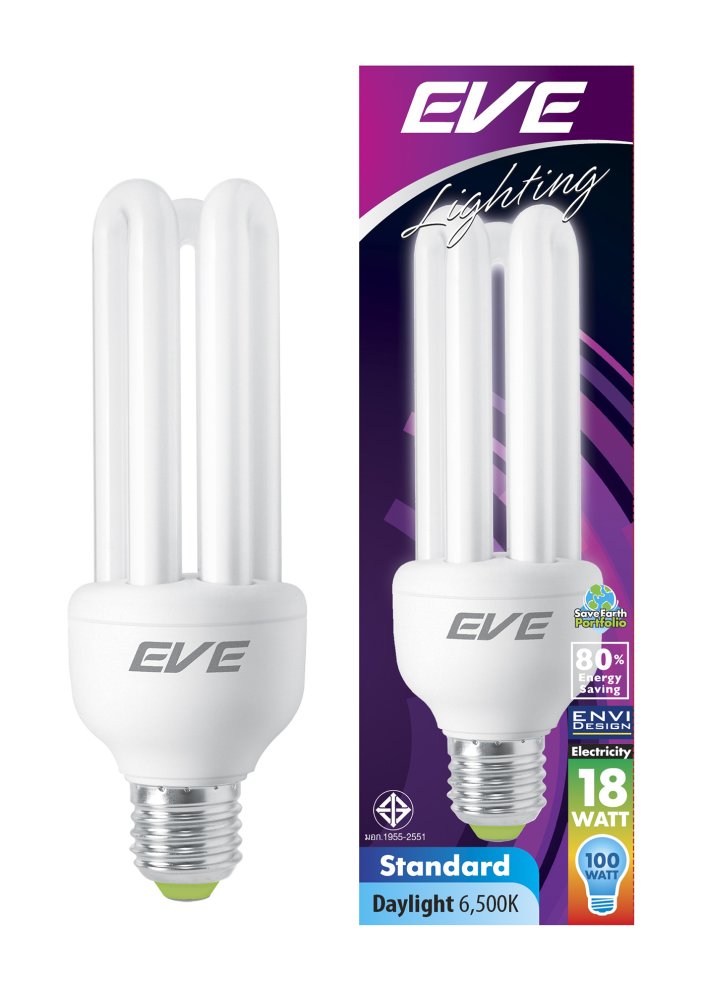 EVE หลอดประหยัดไฟ รุ่นมาตรฐาน 3U 18 วัตต์ เดย์ไลท์ E27 แพ็ค 6 หลอด