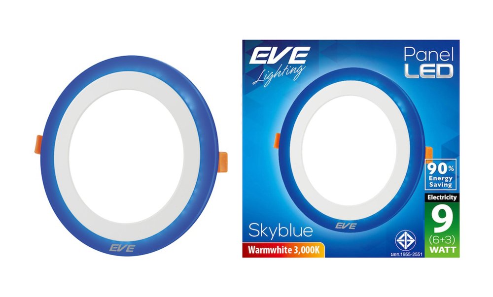 EVE โคมพาเนลไลท์แอลอีดี สกายบลู หน้ากลม (6+3) 9 วัตต์ วอร์มไวท์ แพ็ค 2 หลอด