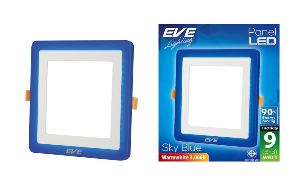 EVE โคมพาเนลไลท์แอลอีดี สกายบลู หน้าเหลี่ยม (6+3) 9 วัตต์ วอร์มไวท์ แพ็ค 2 หลอด