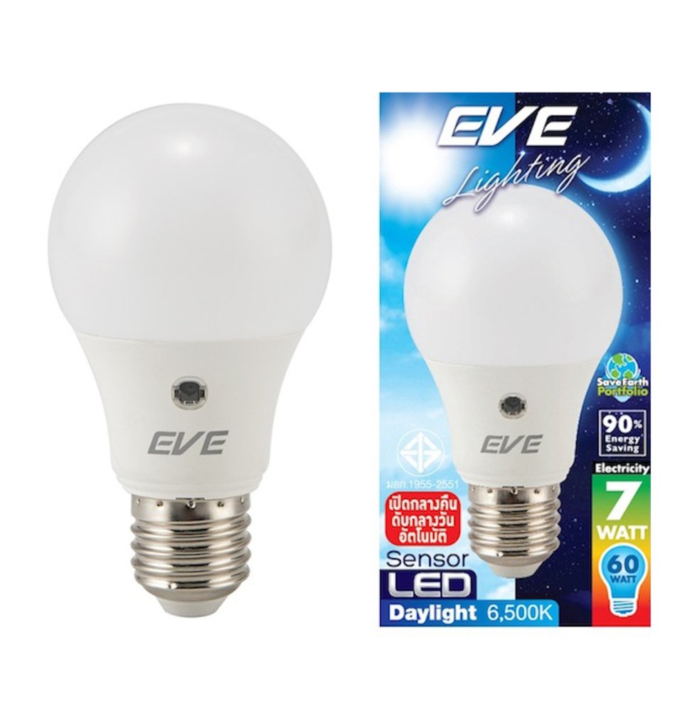 EVE หลอดแอลอีดี A60 เซ็นเซอร์แสงอาทิตย์ 7 วัตต์ เดย์ไลท์ E27 แพ็ค 3 หลอด EVE หลอดแอลอีดี A60 เซ็นเซอร์แสงอาทิตย์ 7 วัตต์ เดย์ไลท์ E27 แพ็ค 3 หลอด