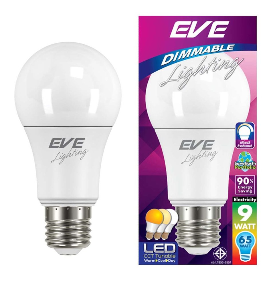 EVE หลอดแอลอีดี A60 CCT Tunable 9 วัตต์ E27 แพ็ค 3 หลอด