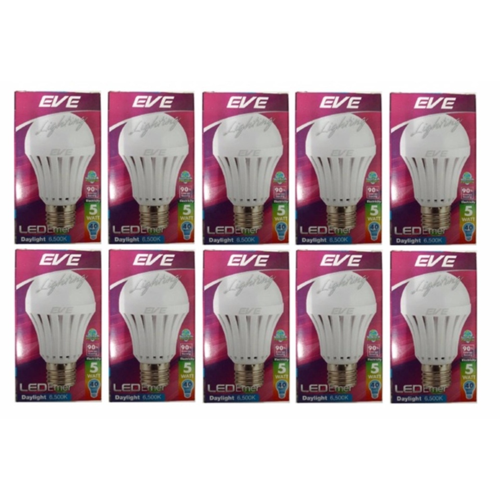 EVE Emergency Light LED 5W หลอดไฟแอลอีดี อัจฉริยะ ติดทันทีเมื่อไฟดับ แสงเดย์ไลท์ ( 10 หลอด)