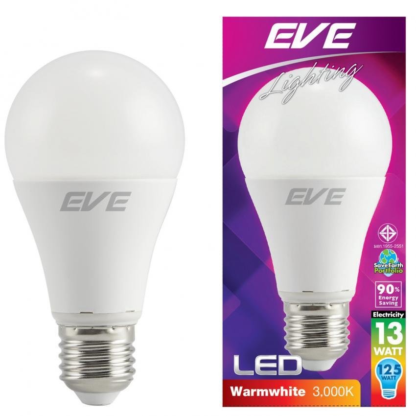 EVE หลอดแอลอีดีA60 13วัตต์ วอร์มไวท์ E27 แพ็ค 6 หลอด EVE หลอดแอลอีดีA60 13วัตต์ วอร์มไวท์ E27 แพ็ค 6 หลอด