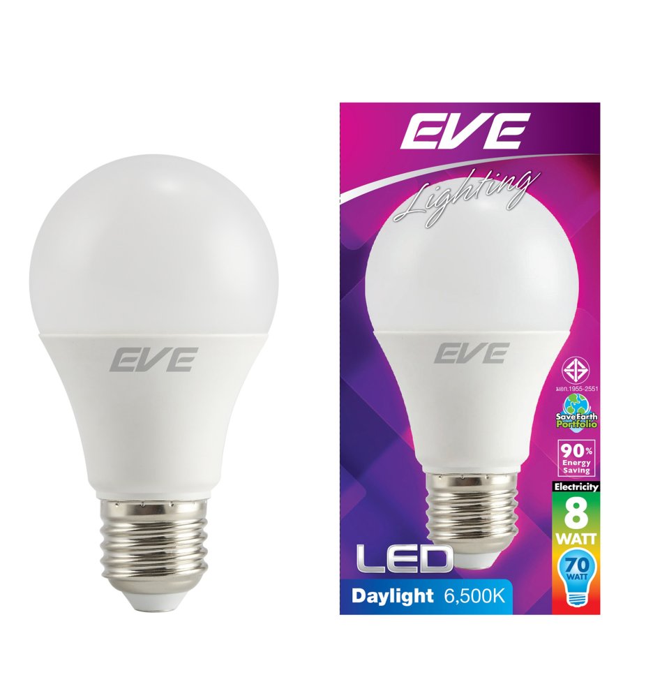 EVE หลอดแอลอีดีA60 8วัตต์ เดย์ไลท์ E27 แพ็ค 6 หลอด EVE หลอดแอลอีดีA60 8วัตต์ เดย์ไลท์ E27 แพ็ค 6 หลอด