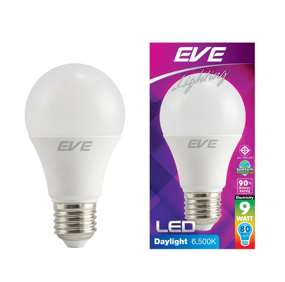 EVE หลอดแอลอีดีA60 9วัตต์ เดย์ไลท์ E27 แพ็ค 6 หลอด