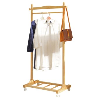 ราวแขวนเสื้อไม้ยางพารา สีไม้ธรรมชาติ ล้อดำ - Hanger rack (Natural color) black wheel