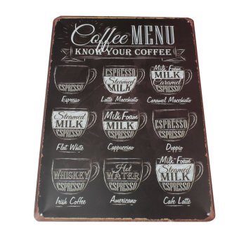 เมนูกาแฟกระป๋องกาแฟเก่ารู้สัญญาณภาพการตกแต่งผนังโลหะศิลปะ AA-230 20ซม X 30ซม เมนูกาแฟกระป๋องกาแฟเก่ารู้สัญญาณภาพการตกแต่งผนังโลหะศิลปะ AA-230 20ซม X 30ซม