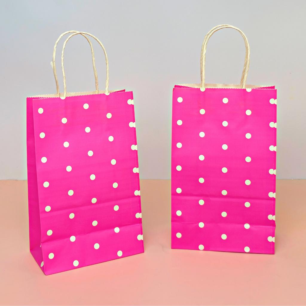 Boxjourney twisted handle paper bag Pink print with white polka dots, size 15.3x8.5x25 cm (20 pcs./pack) ราคา 125 บาท*ส่งฟรี
