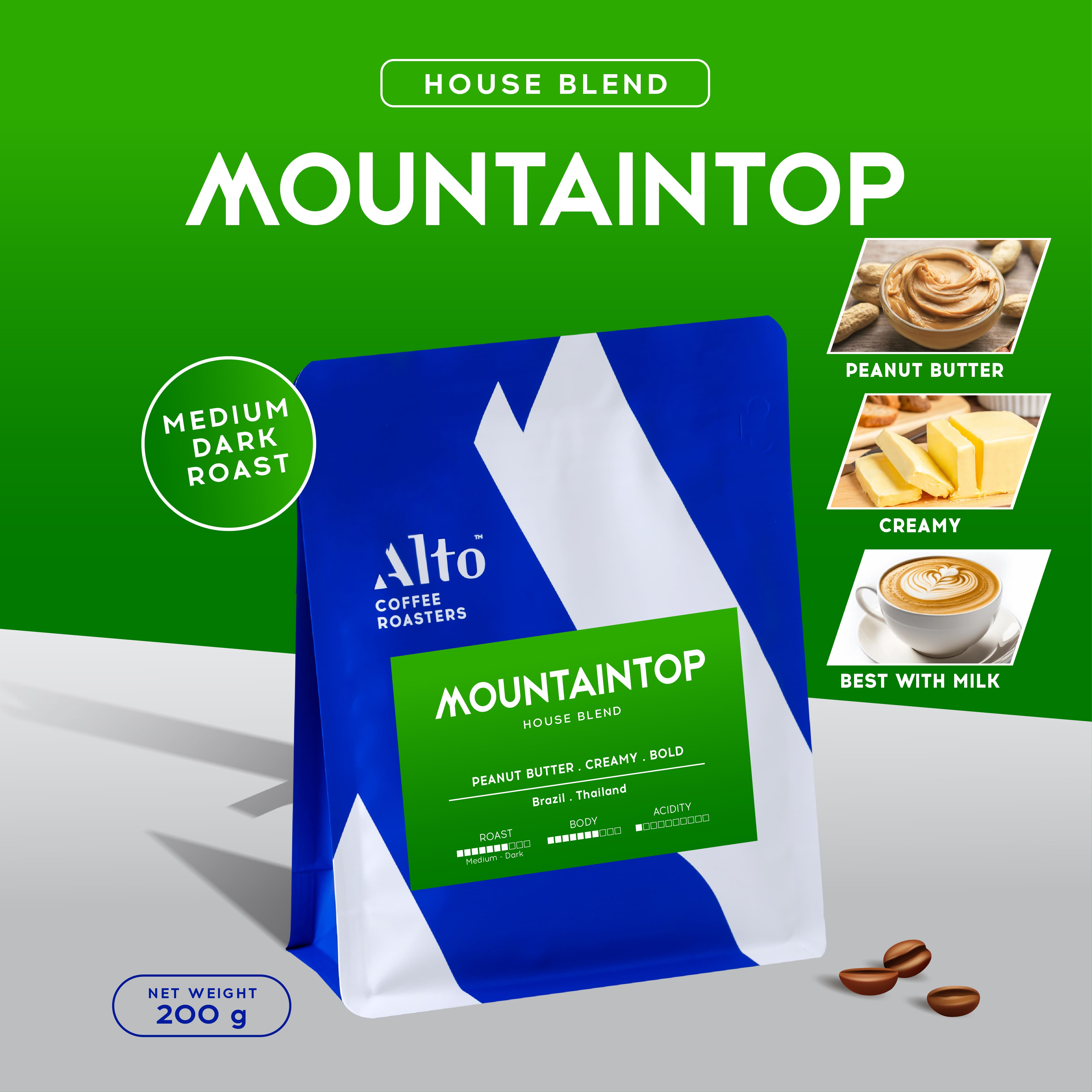 Alto Coffee เมล็ดกาแฟ คั่วกลางค่อนเข้ม Mountaintop Blend (200g) ราคา 340 บาท*ส่งฟรี