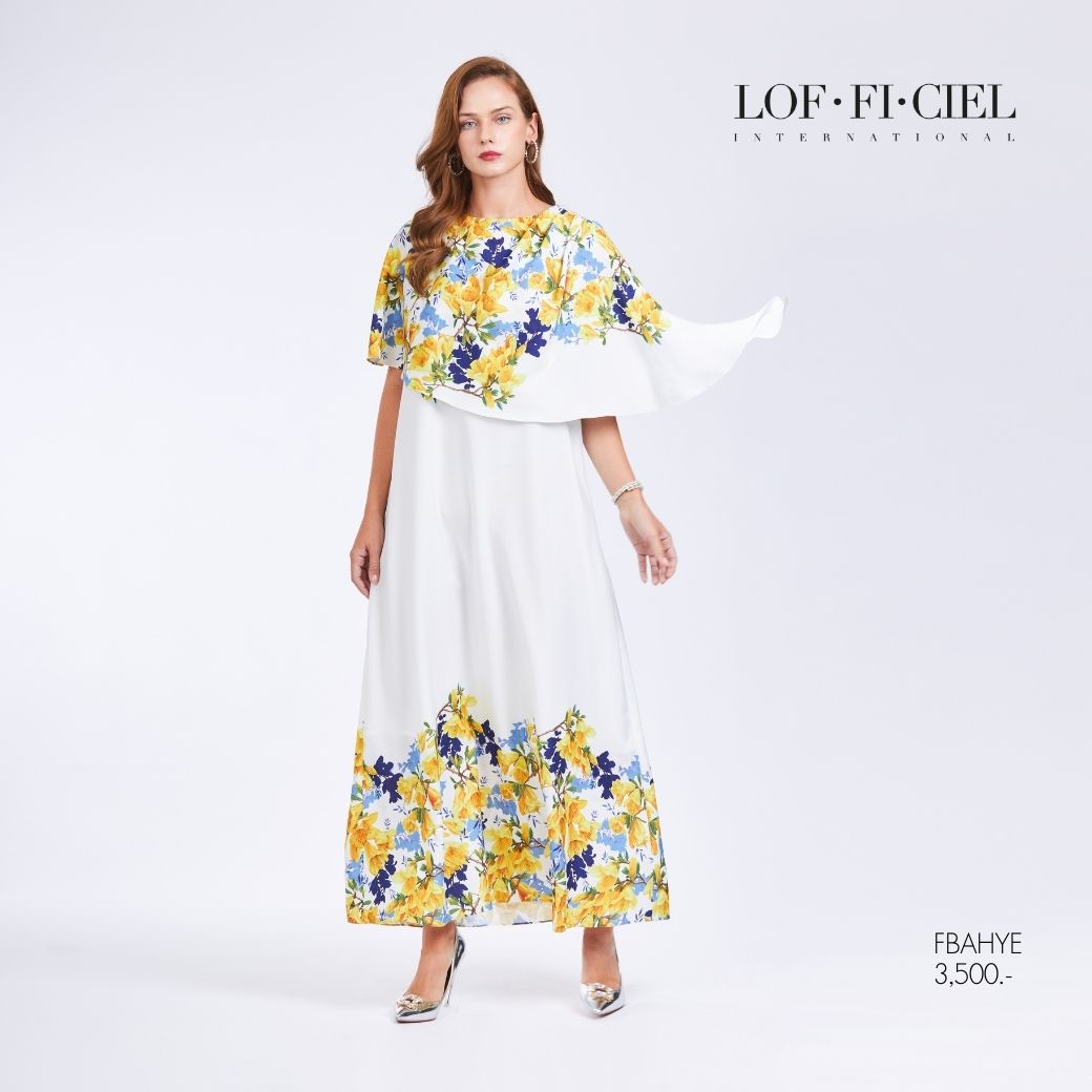 LOF-FI-CIEL Maxi dress Day-lily ชุดเดรสไปดินเนอร์ เดรสปาร์ตี้ เดรสยาว แต่งระบาย สีเหลือง พื้นขาว FBAHYE ราคา 3,500 บาท*ส่งฟรี