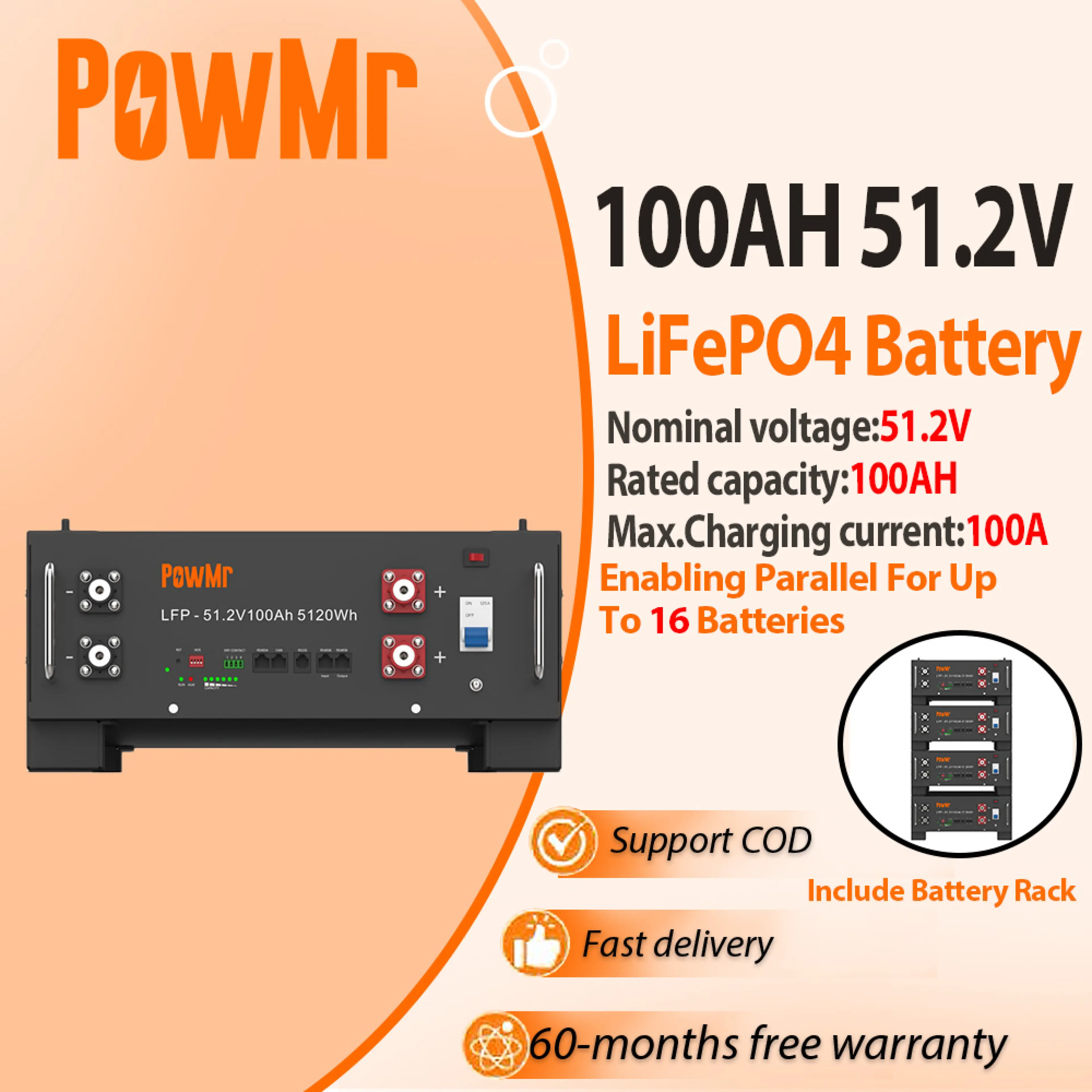 Powmr 5.12Kwh 51.2V 100Ah Lifepo4 Rack-Mounted Battery, Cycle Life over 6000 Cycles, Supports Parallel Connection of 16 Packs, for Solar Systems and Home Backup Power.