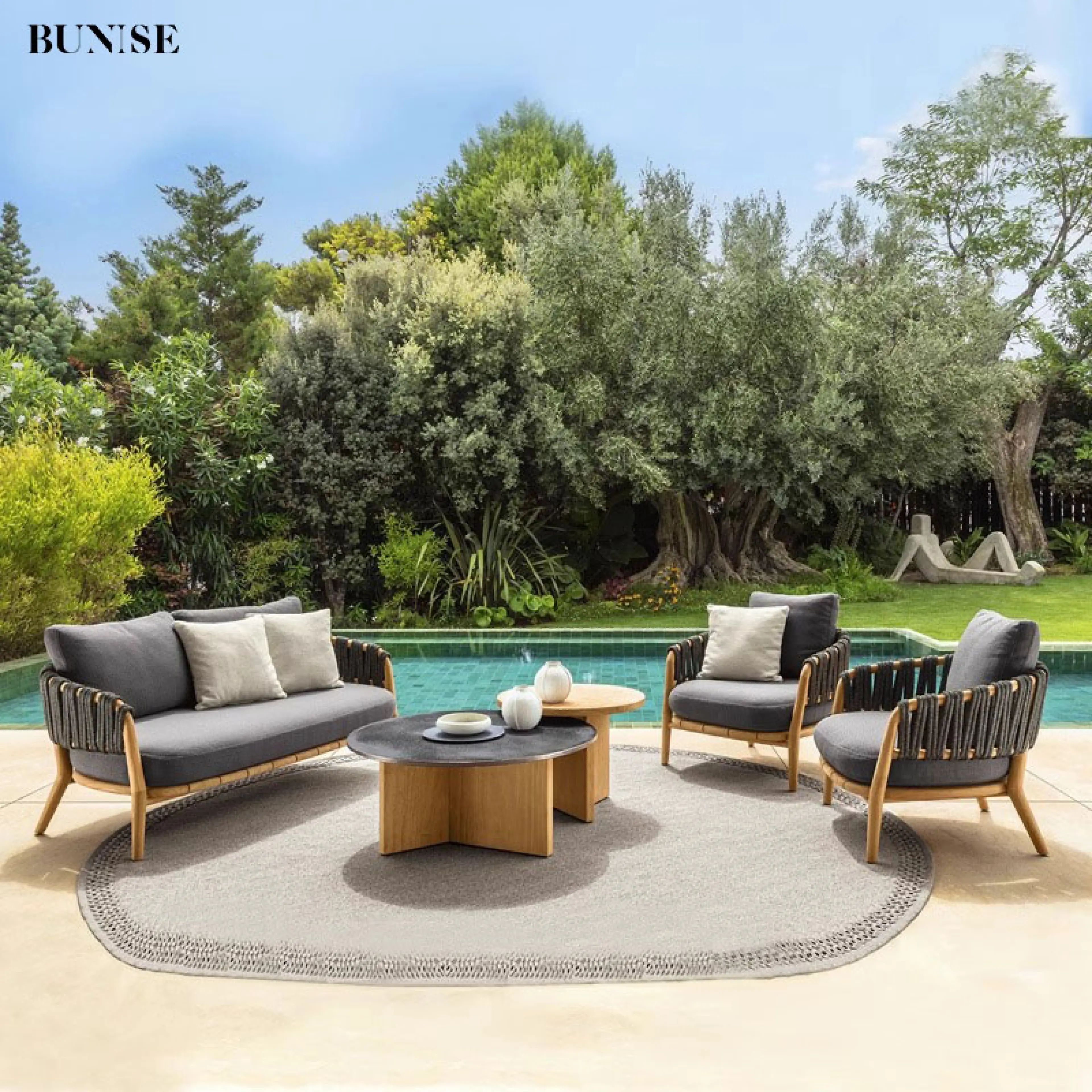 BUNISE Nora Outdoor Rope Sofa Set Solid Wood Patio Sofa Waterproof Garden Sofa Set For Balcony Villa Hotel Resort
