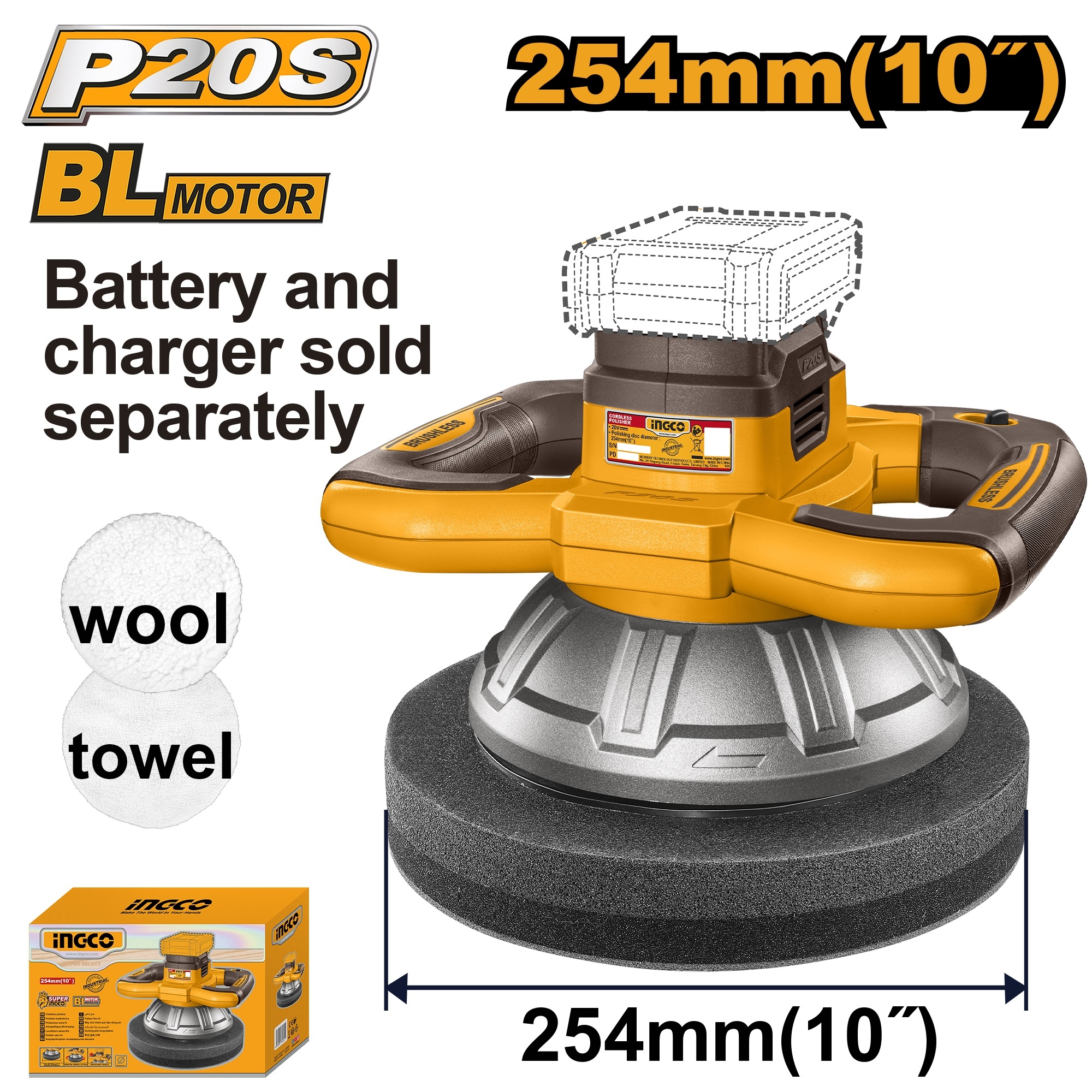 Ingco 20V Cordless Car Polisher (Brushless Motor) Model Copli2025481 Complete Set with 1 2Ah Battery. ราคา 5,599 บาท*ส่งฟรี