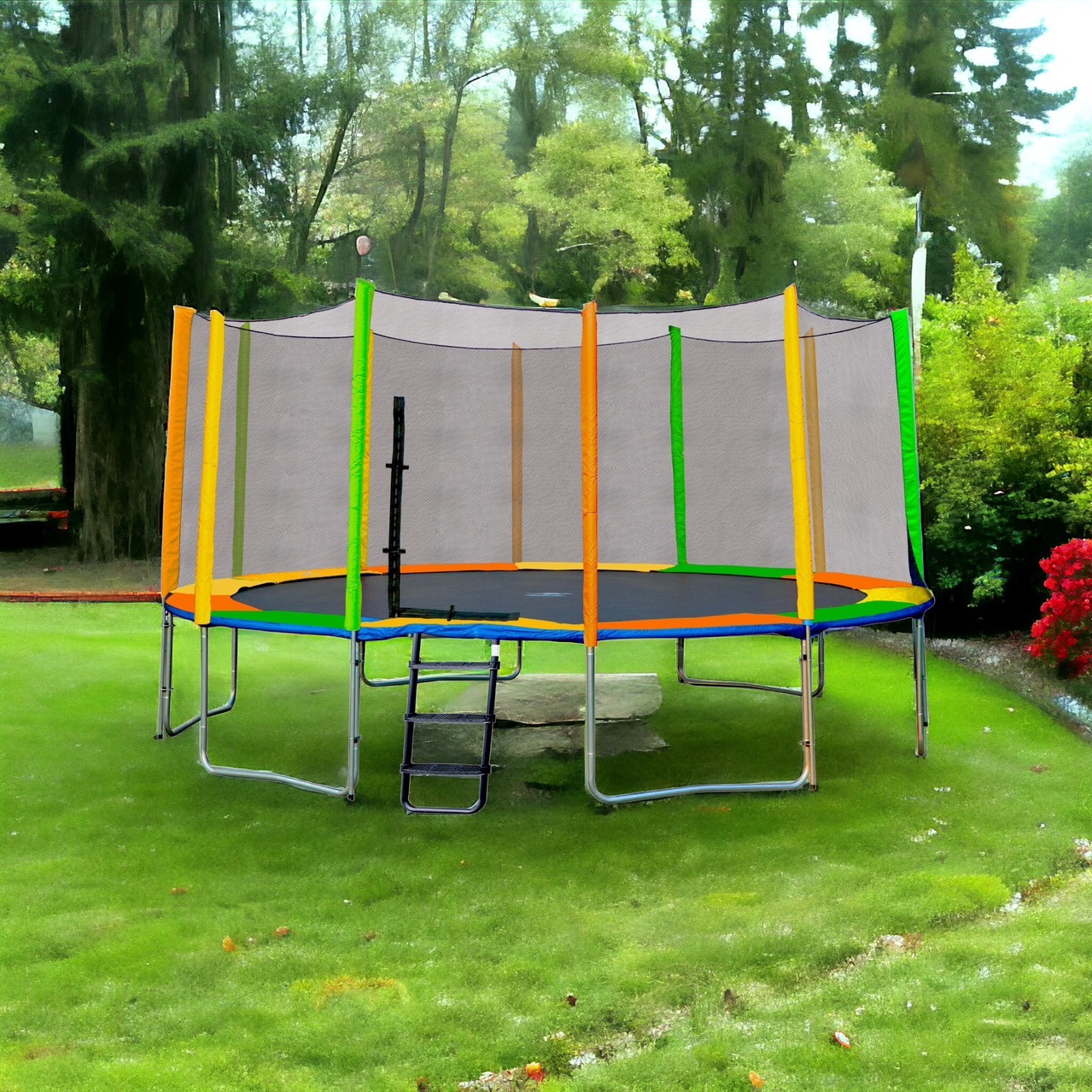 Sanook Trampoline, springboard, trampoline, jumping brand, Kangaroo brand, 16 feet (480 cm.), spring length 7 inches, 12 poles, rainbow colors, 2.30 mm thick steel, can support a weight of 500 kg, comes with a free set. There is a service to collect the d ราคา 19,900 บาท*ส่งฟรี