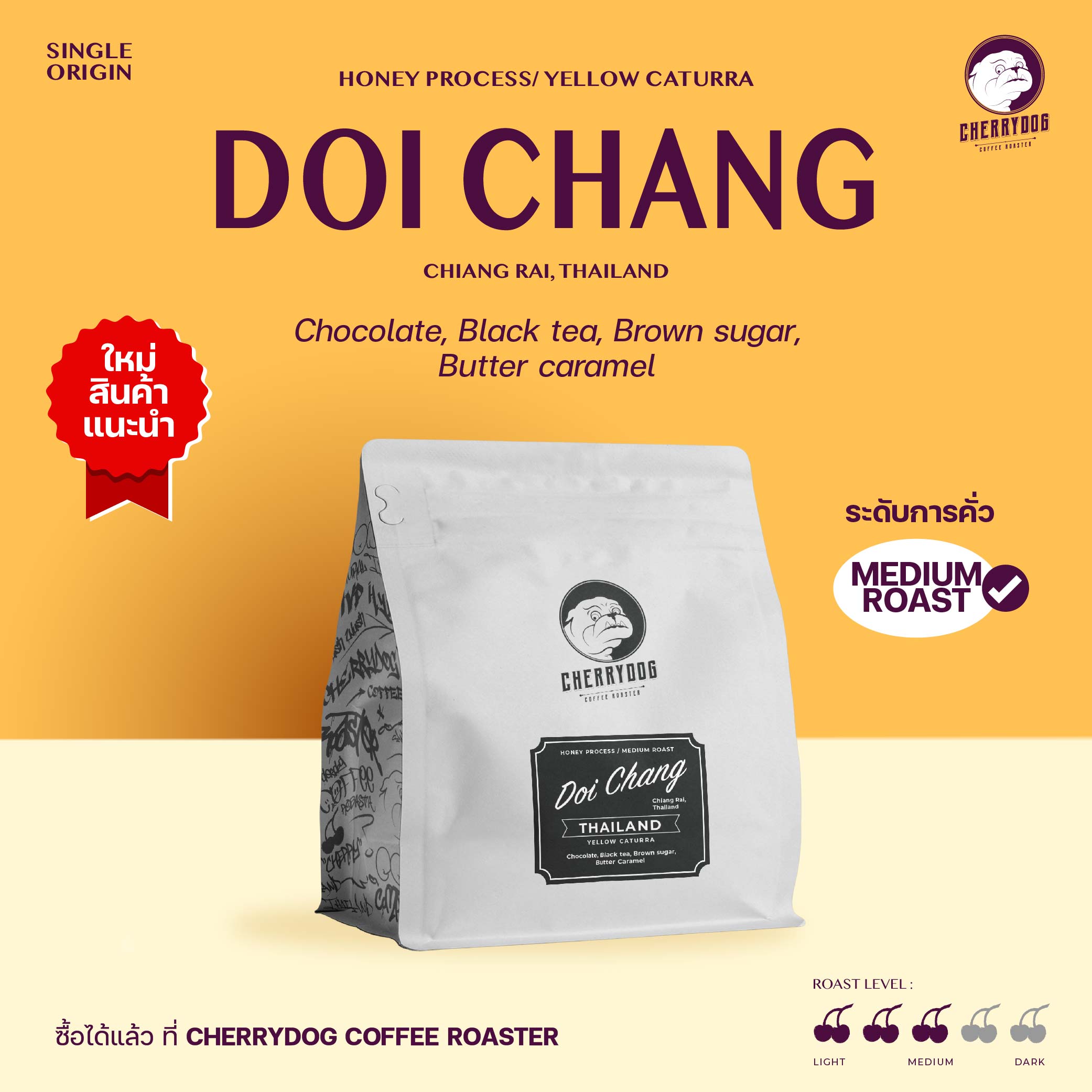 Cherrydog | เมล็ดกาแฟคั่ว Doi Chang Honey Process (ดอยช้าง, เชียงราย) ราคา 220 บาท*ส่งฟรี