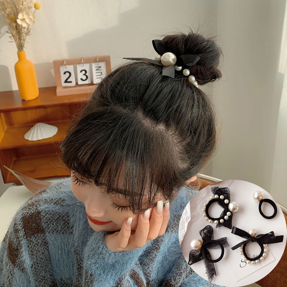 BUBBLE FASHION Korean Style Ladies Ponytail Holder Beaded Head Rope Elastic Lace Hair Ropes Rubber Bands Imitation Pearls Hair Ties Bow knot