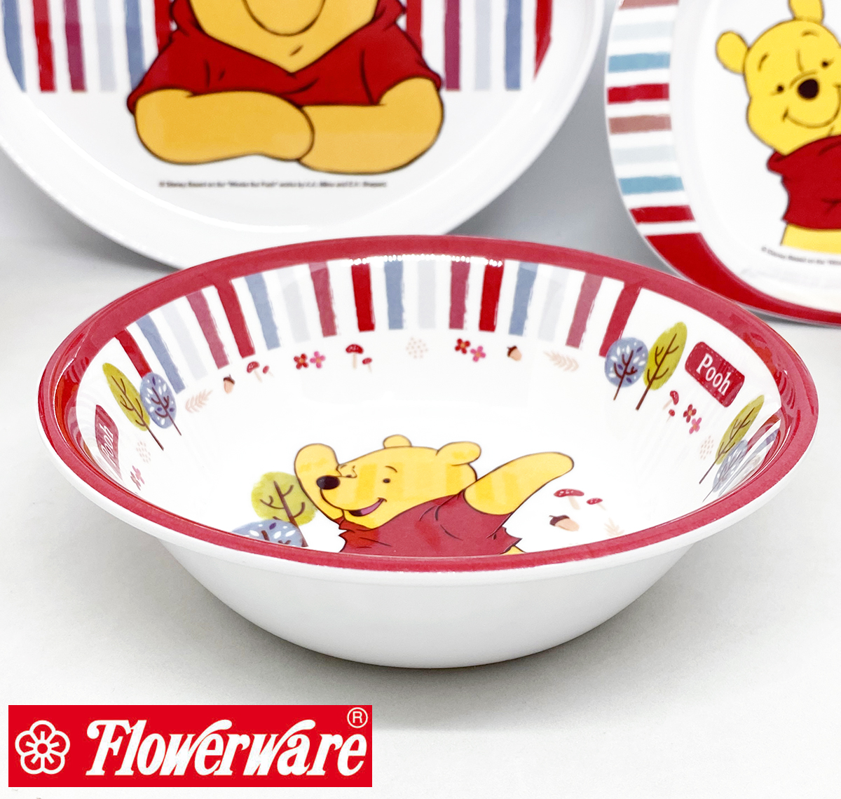 [ขายแยกชิ้น] จานข้าวเด็ก ช้อนส้อมเด็ก ถาดหลุม แก้วน้ำเมลามีน Disney POOH Woodlands หมีพูห์ ยี่ห้อฟลาวเวอร์แวร์ / 1 ชิ้น