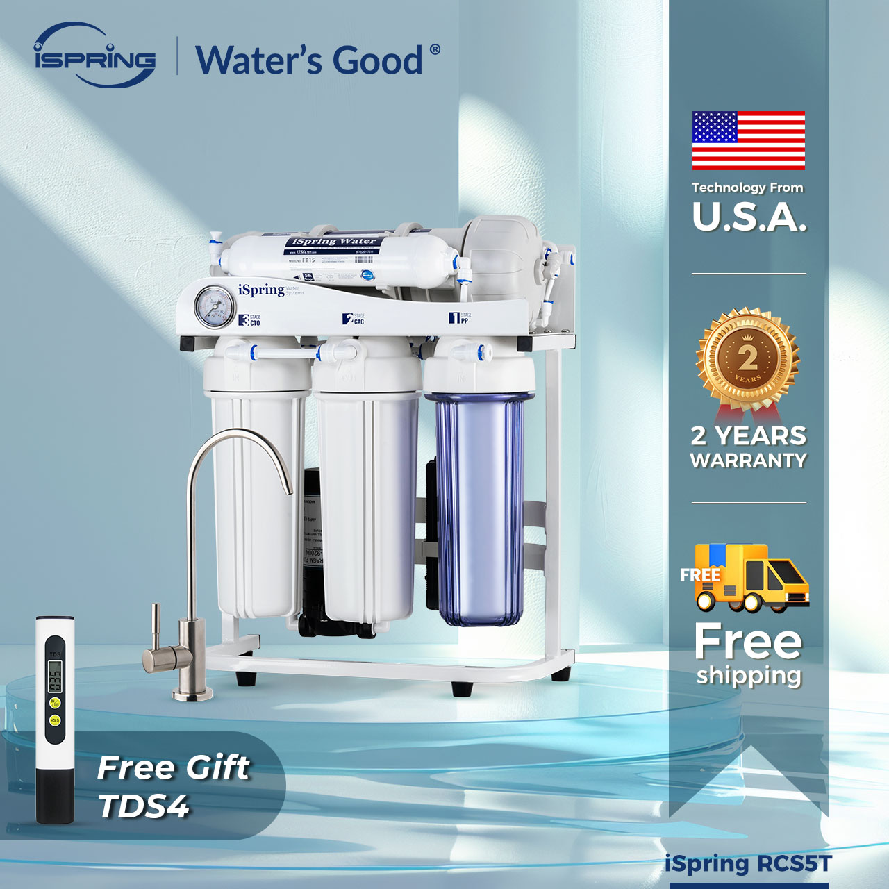 iSpring RCS5T Commercial Tankless Reverse Osmosis RO Water Filter System 5 Stages 500GPD 1.5:1 Pure to Drain Ratio Removes PFAS Pressure Gauge use in small restaurants office ราคา 27,999 บาท*ส่งฟรี