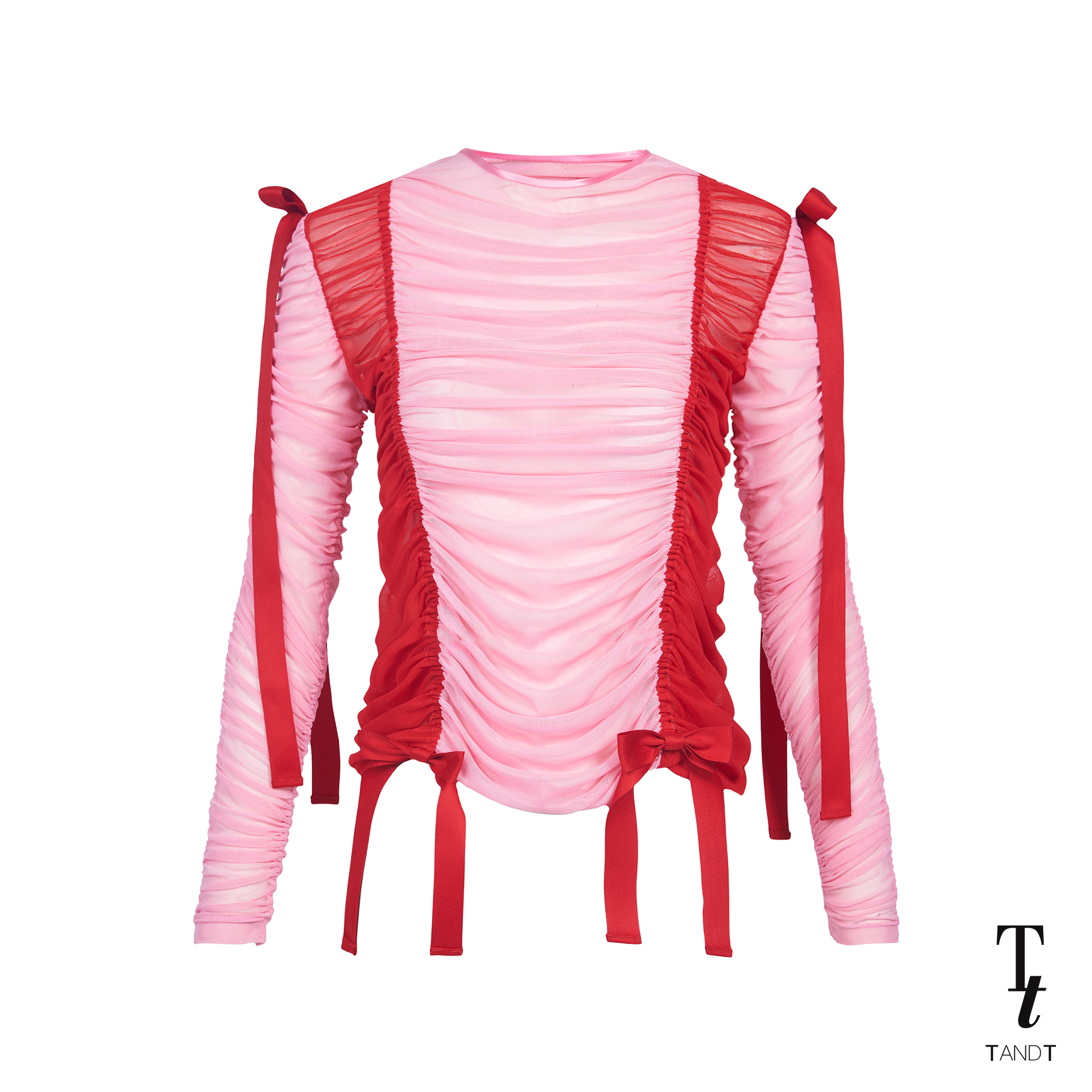TandT - POSY - TWO-TONE RUCHED BOW TRIMMED LONG SLEEVE TULLE TOP เสื้อรูดย่นเข้ารูปแขนยาวคอกลม ตัดต่อเส้นตรงสลับสีข้างตัว ตกแต่งโบว์ ผ้าตาข่ายยืดเนื้อนิ่ม สีแดง-ชมพู ราคา 2,740 บาท*ส่งฟรี