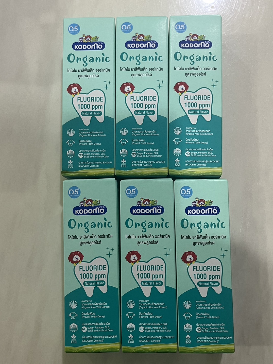 KODOMO 6 pcs ยาสีฟันเด็ก ออร์แกนิค โคโดโม Organic Baby Toothpaste สูตรฟลูออไรด์ 1000 ppm ชนิดเจล 40 กรัม ราคา 600 บาท*ส่งฟรี