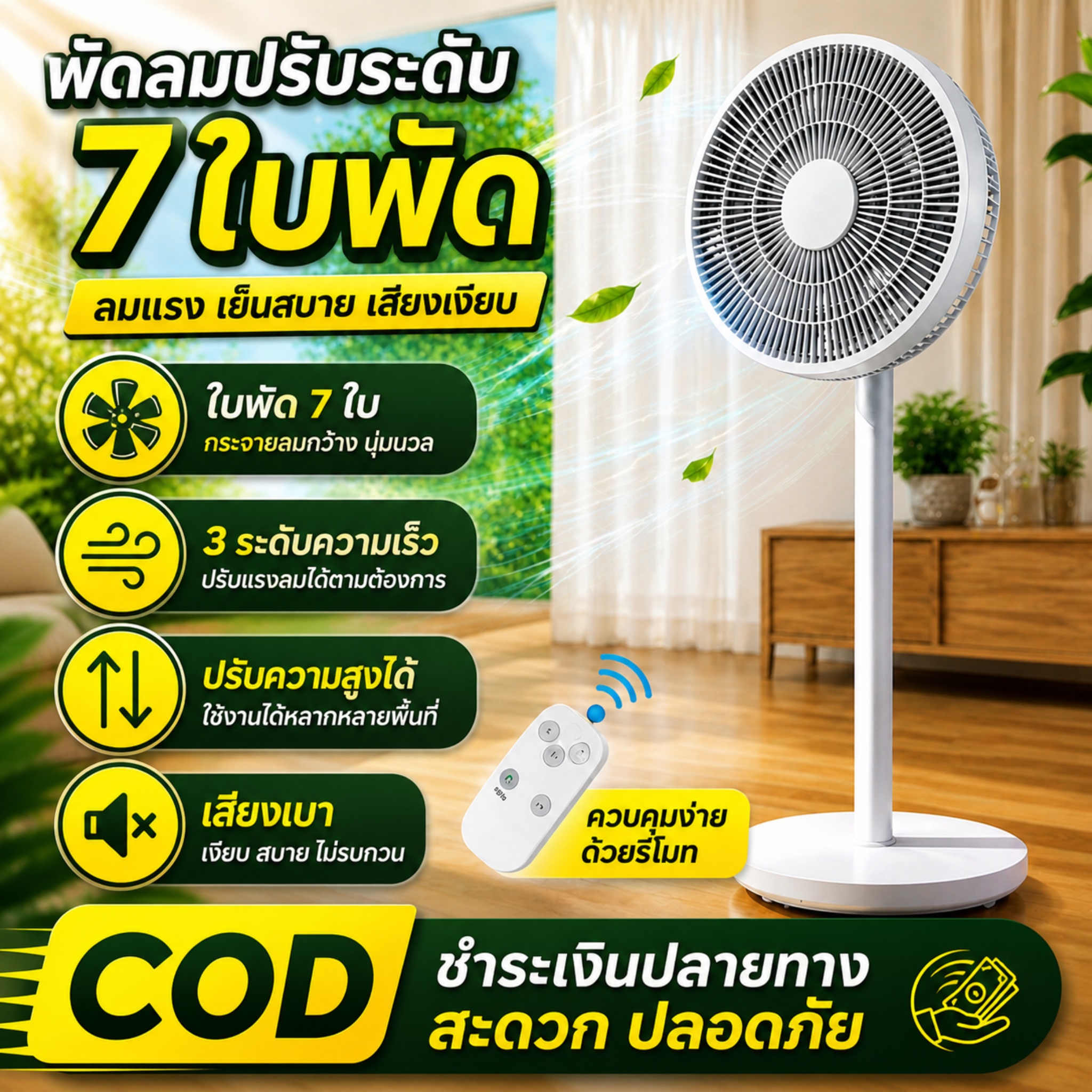🔥 7-Blade Floor Fan, Adjustable Height, 3 Levels of Wind Power. ❄️ Cool and Comfortable, Energy Saving, Remote Controlled Fan. 🔥 ราคา 599 บาท*ส่งฟรี