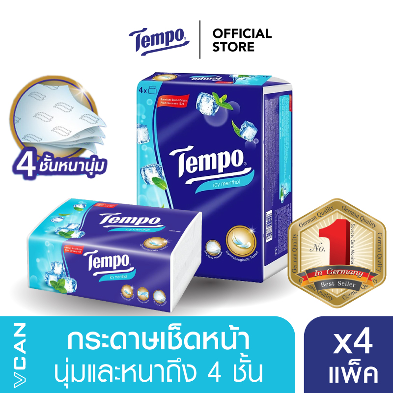 ของใช้ในบ้านและอุปกรณ์ทำความสะอาด Tempo Softpack เทมโพ กระดาษเช็ดหน้า ทิชชู่ ไอซี่ เมนทอล ซอฟแพ็ค Pack4