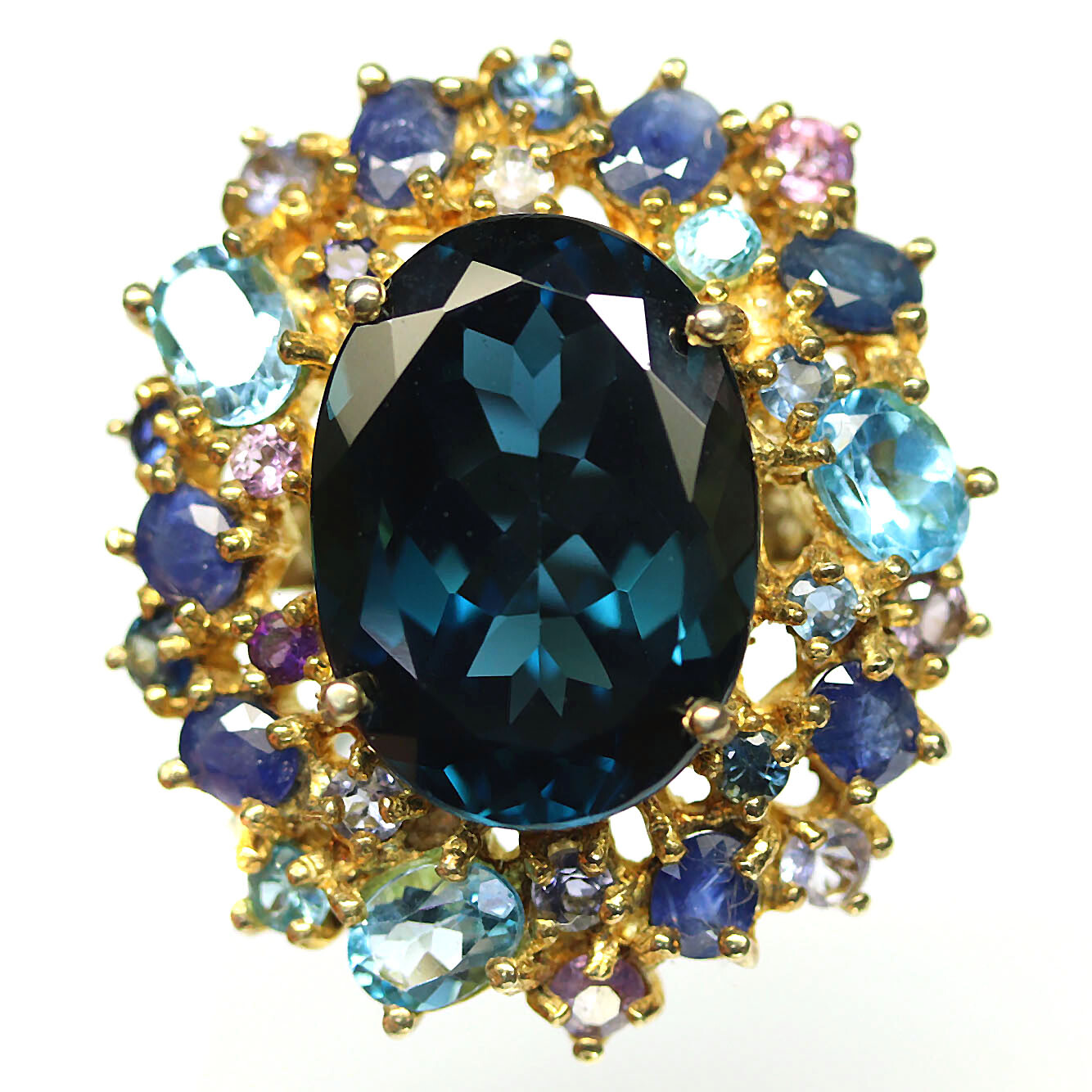 Genuine Gemstone Ring, London Blue Topaz, 925 Sterling Silver, 18K Gold Plated, Surrounded by Sapphire, Amethyst, Luxurious Design, Statement Ring, Lucky Gemstone. ราคา 17,800 บาท*ส่งฟรี