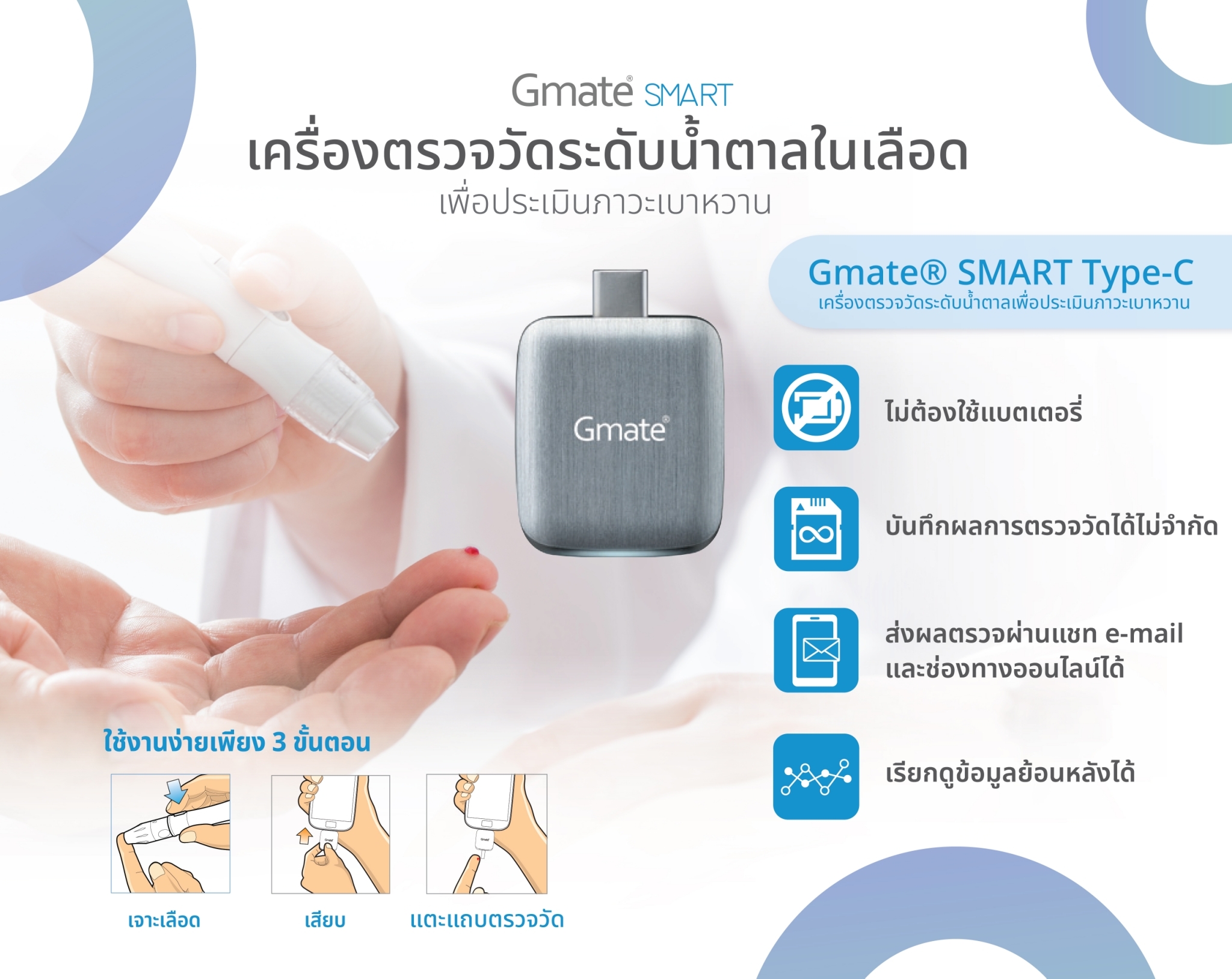 Gmate เครื่องวัดน้ำตาลในเลือด Gmate Smart Type-C ราคา 750 บาท*ส่งฟรี