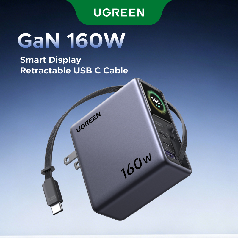 【Nexode】Ugreen 160W 4-Port Gan Charger with 80cm Retractable Cable Supports Super Fast Charging 2.0 for Samsung Galaxy S26 S25 S24 iPhone 17 16 15 Pro Max Model:95127