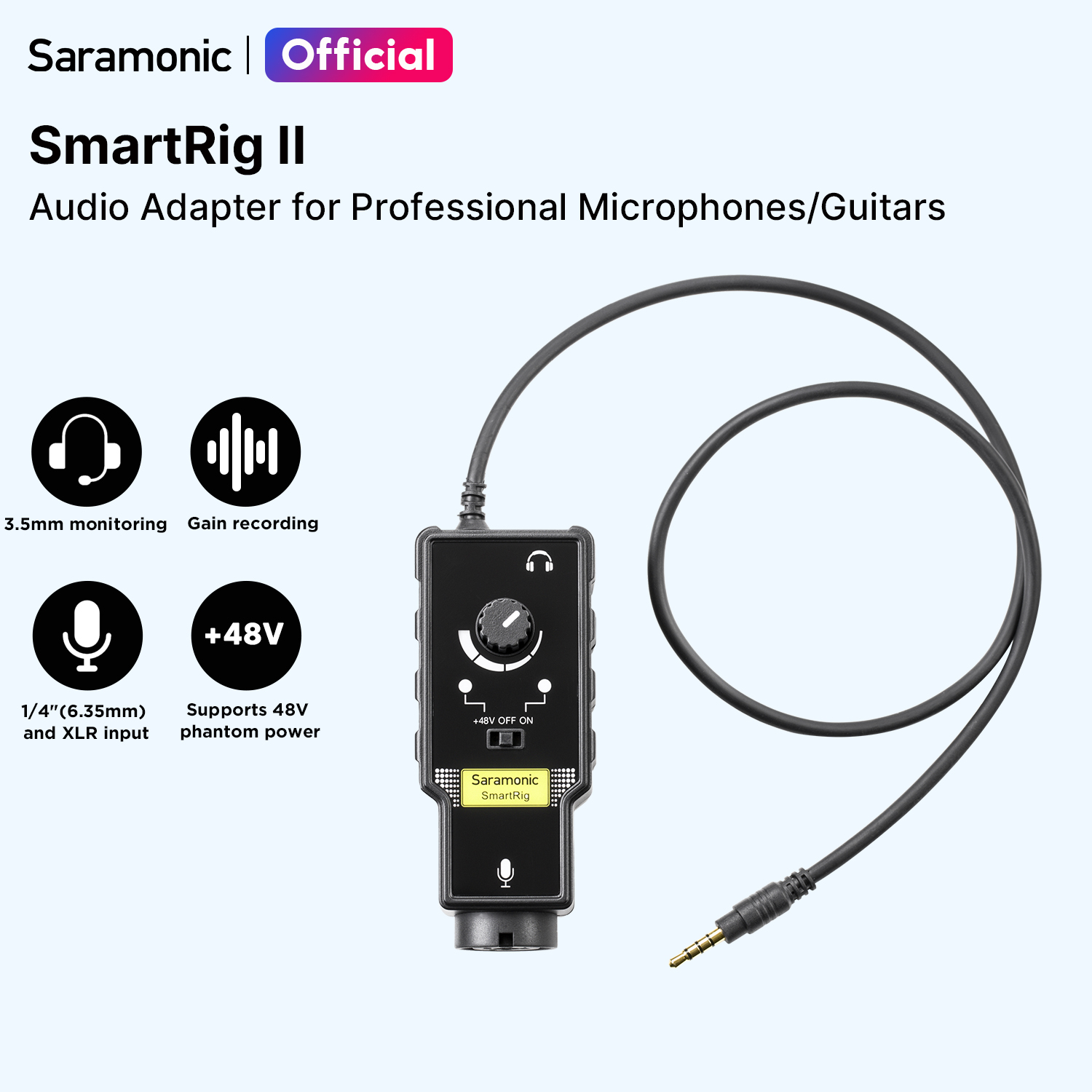 Saramonic SmartRig II Professional Mixer XLR Microphone & 6.3mm Guitar Adapter with Phantom Power Preamp Amplifier for iPhone iPad iPod Android Smartphone 3.5mm TRRS Professional Mic Mixer ราคา 730 บาท*ส่งฟรี