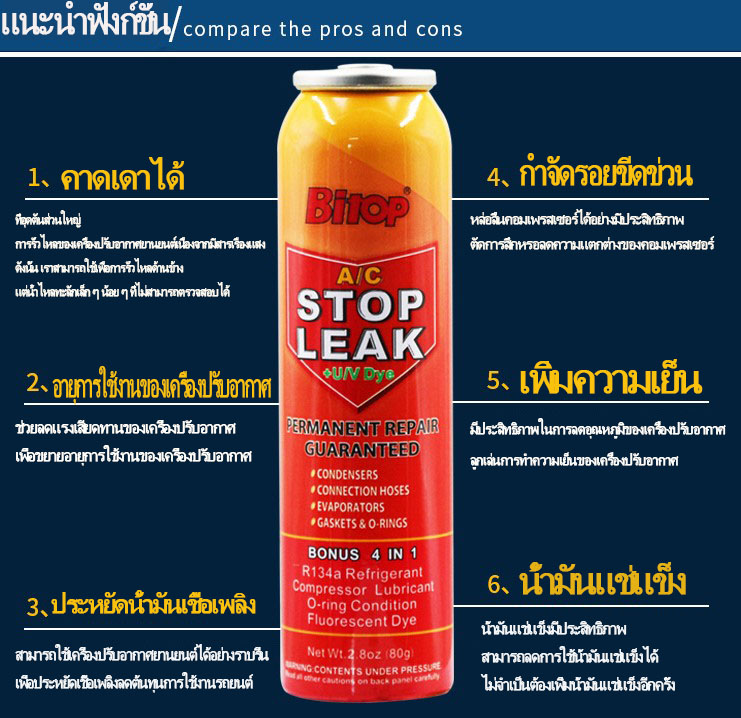 ภาพประกอบของ (Samut Prakan มีสต็อก) A/C Stop leak น้ำยาหยุดรอยรั่วในระบบแอร์รถยนต์ แบบหัวเติมสำเร็จรูป DIY