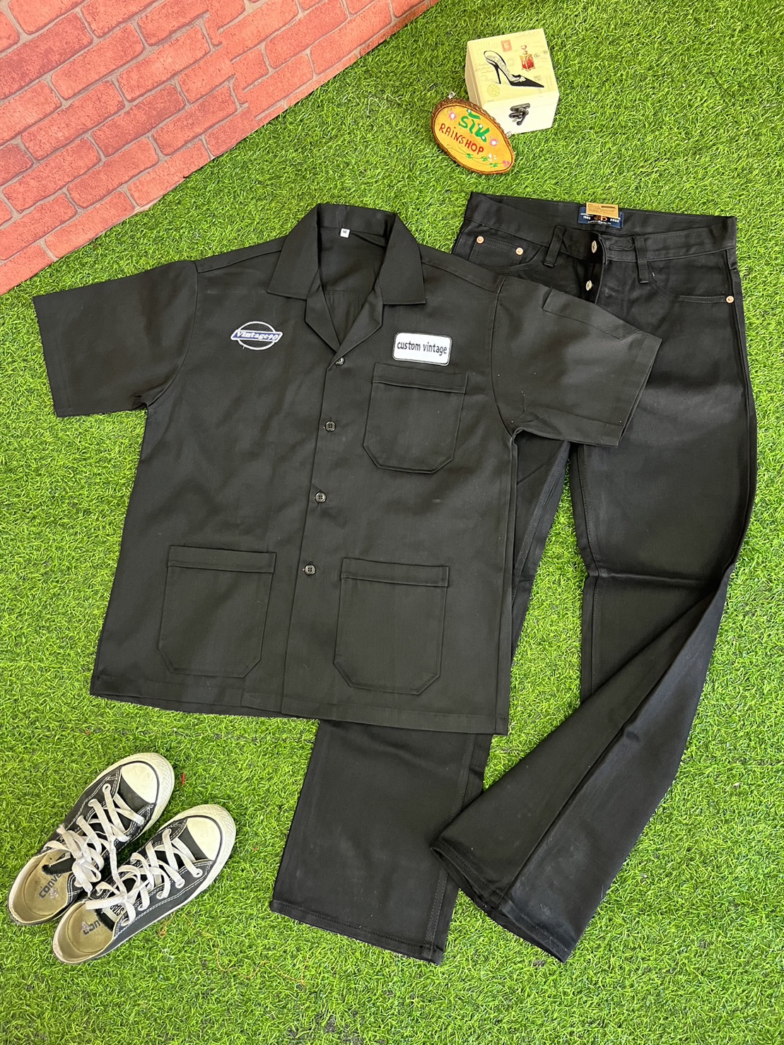 SAASHI Men's Black Utility Workwear Set - Breathable V-neck Top & Joggers
