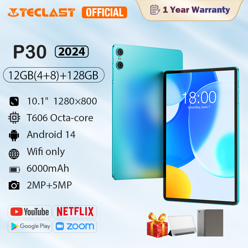 Teclast P30 tablet 10.1 inch | Android 14 | 12GB RAM (4 + 8) + 128GB ROM, support TF 1TB | t606 octa-core chip | IPS screen 1280 × 800 | Widevine L1 | WiFi 5, bt5.0 | 2MP + 5MP camera | 6000mAh battery, quick Charge Type-C | OTG, facial unlock | 1 year wa ราคา 3,480 บาท*ส่งฟรี