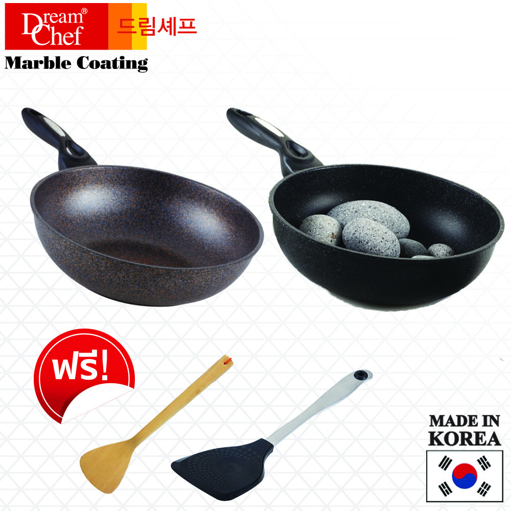 NEW Exclusive SET 4ชิ้น DREAM CHEF กระทะเคลือบหินอ่อน รุ่นออริจินัล(ดำ) 28 CM + รุ่นพิ้งค์โกลด์(ทองชมพู) 28CM +ตะหลิวไม้ + ตะหลิวซิลิโคน ราคา 2,290 บาท*ส่งฟรี