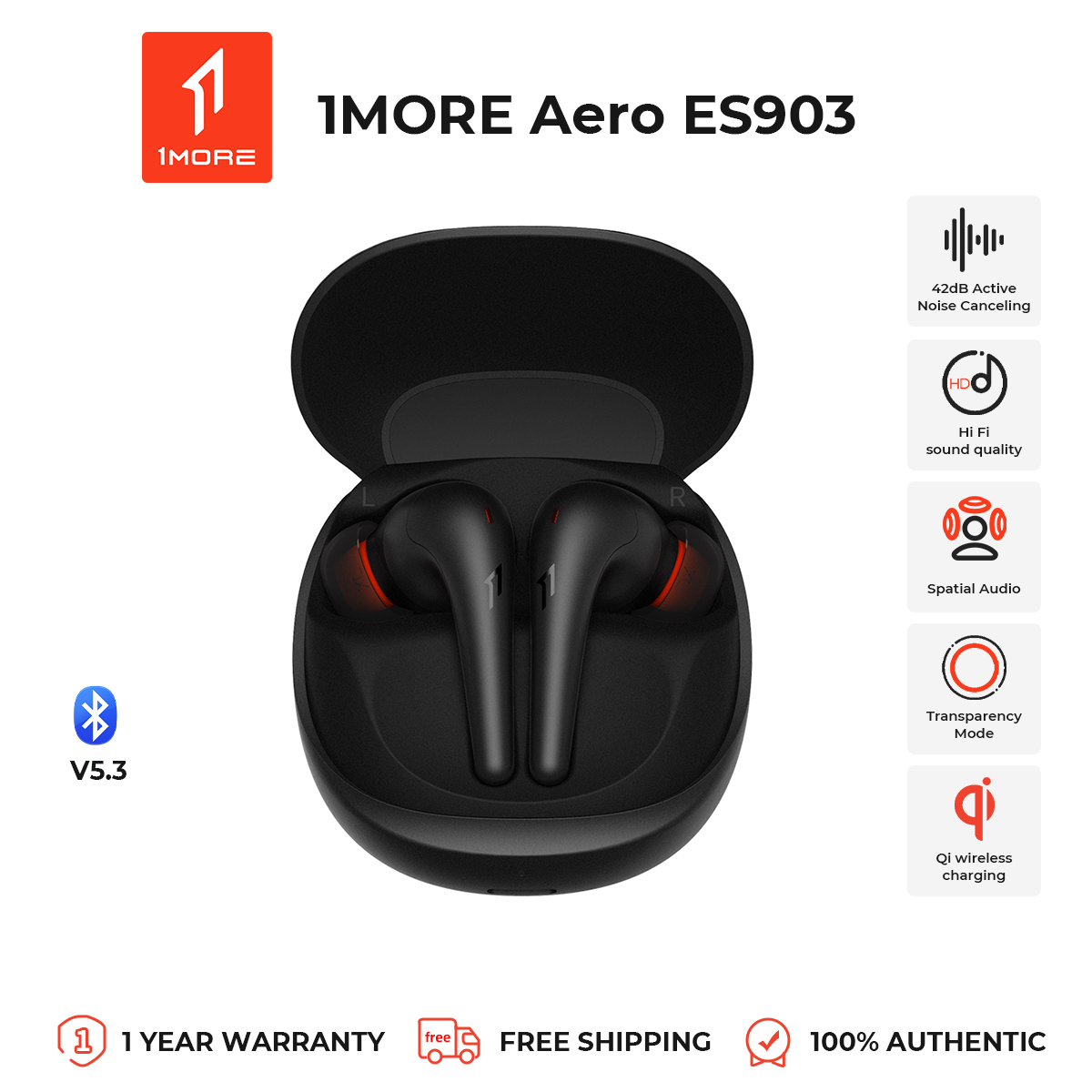 1MORE Aero Wireless Earbuds with Spatial Audio on any Device, 42dB ANC, 10mm Driver, Customizable EQs，28h Battery, Wireless Charging ราคา 2,290 บาท*ส่งฟรี