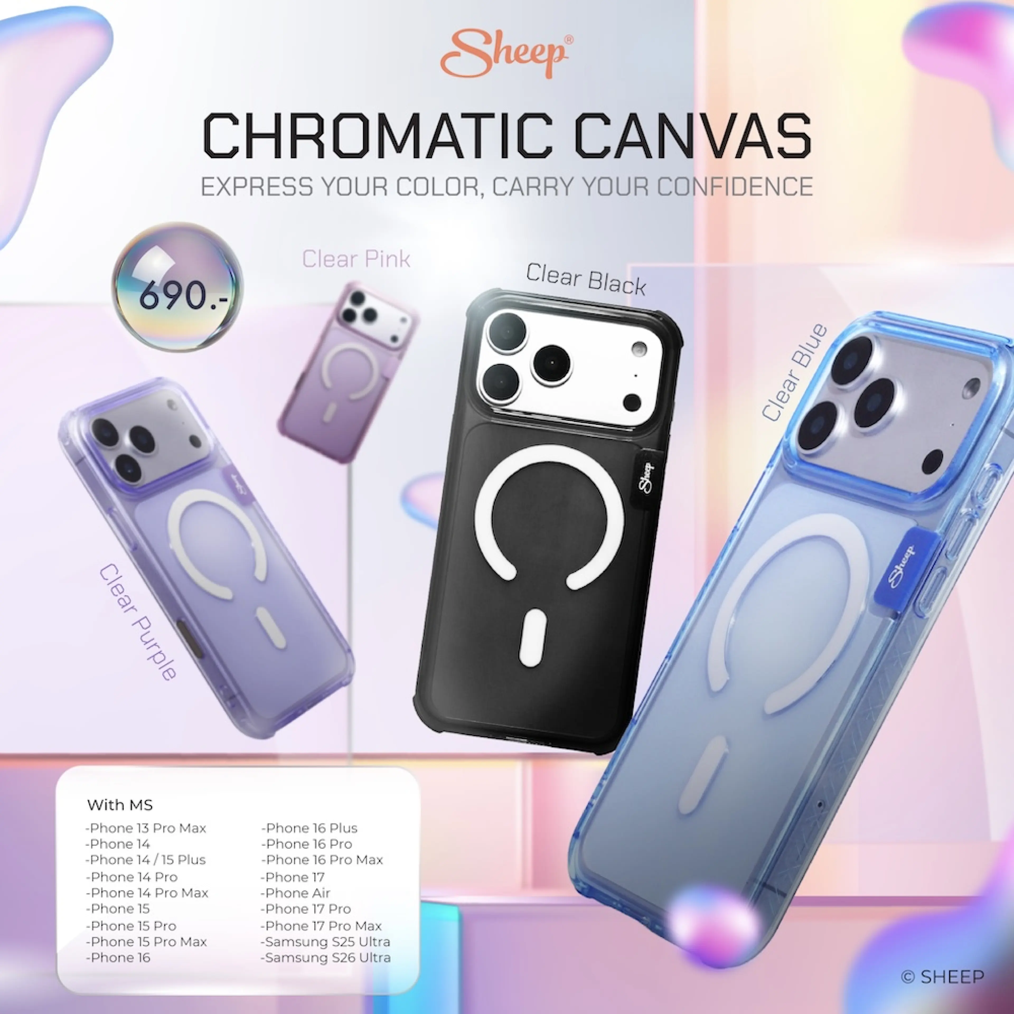 [Sheep Chromatic Canvas for Iphone&Samsung] Clear Case for iPhone 13/14/15/16/17 Series and S25U S26U, Shockproof Magnetic Charging Case.