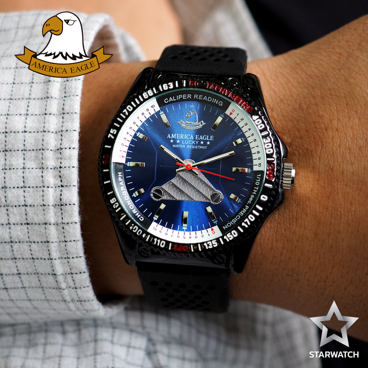โปรโมชั่น Flash Sale : GRAND EAGLE นาฬิกาข้อมือสุภาพบุรุษ สายยางเรซิ่นรุ่น AE035G - Black / Blue
