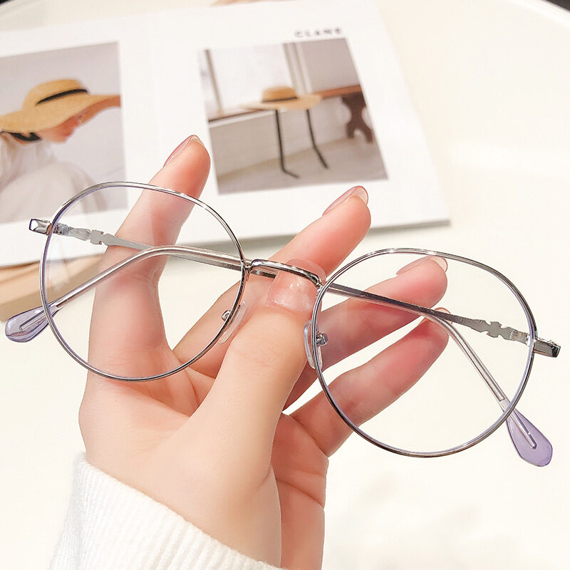 Mắt Kính Cận Nữ Kính Gọng Tròn Chống Ánh Sáng Xanh Kim Loại Trong Suốt