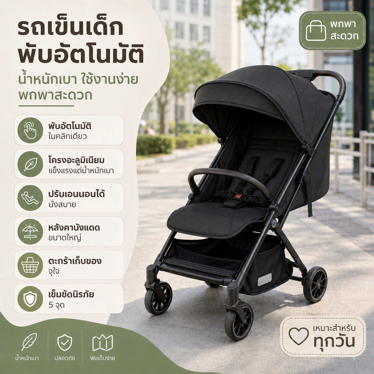 PlayPark รถเข็นเด็กอ่อนพับอัตโนมัติ โครงอะลูมิเนียม รถเข็นเด็กพับได้ สำหรับทารก Baby Stroller