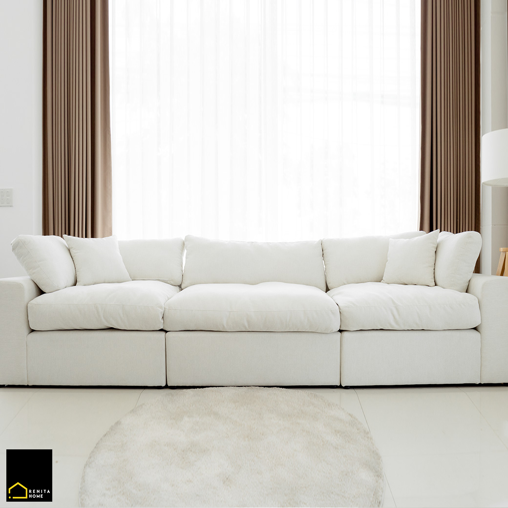 RENITA HOME | โซฟารุ่น Cloud แบบ 3 ที่นั่ง ขนาด W300 X D100 ซม เบาะนั่งเสริมใยขนห่านเทียม นุ่มฟู เหมือนนั่งอยู่บนก้อนเมฆ โซฟามินิมอล ราคา 69,900 บาท*ส่งฟรี