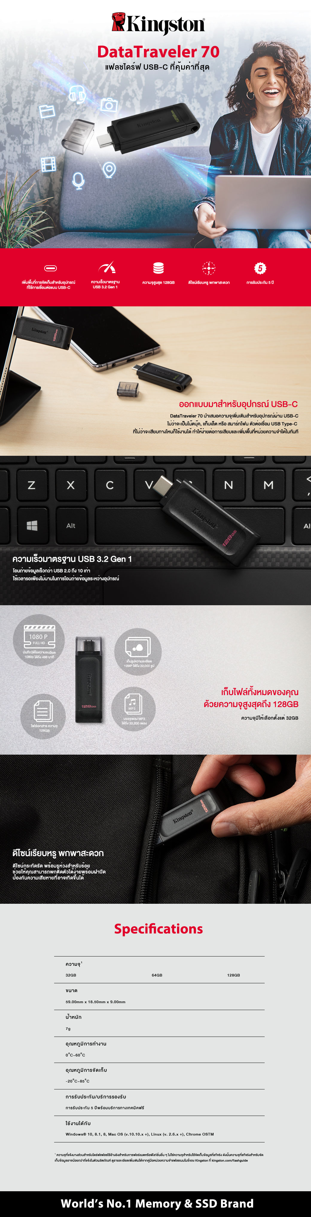 ภาพประกอบคำอธิบาย Kingston DataTraveler 70 USB-C ความเร็ว 3.2 Flash Drive