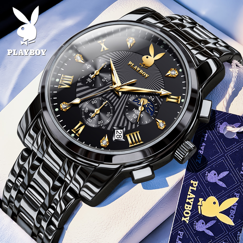 100% authentic Playboy watch men waterproof business casual 2025 New genuine stainless steel strap chronograph shockproof calendar luminous quartz watch ราคา  847 บาท*ส่งฟรี