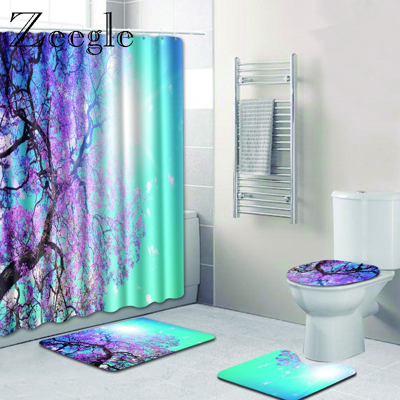 Zeegle 4pcs Bath Mat Set with Shower Curtain Toilet U Type Mat Lid Toilet Cover Mat Anti-slip Toilet Floor Rug Modern Soft Mat
