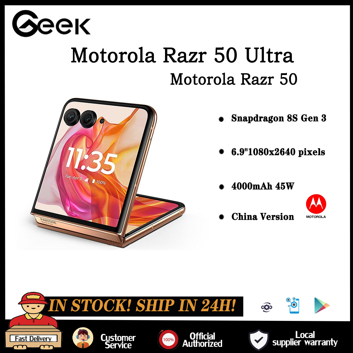 Motorola Moto Razr 50 Ultra China Rom Snapdragon 8s Gen 3 Octa core 6.9inch 165Hz 4000mAh Battery 45W 32MP Front Camera ราคา 28,000 บาท*ส่งฟรี