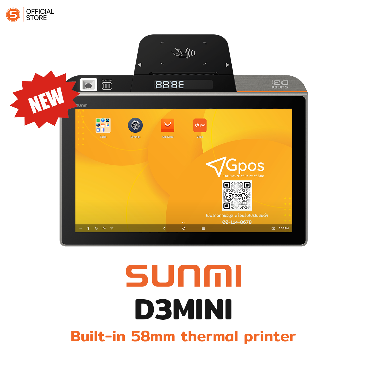 Sunmi d3mini Inner-printer print receipt and order ticket, with GPOS program. free to use, no need to pay monthly. ราคา 11,000 บาท*ส่งฟรี