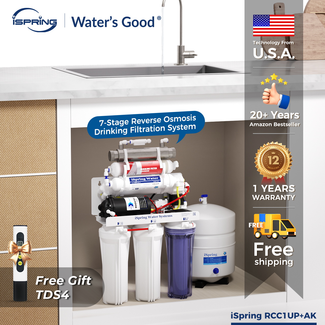 Ispring Rcc1Up-Ak Nsf Water Filter 100Gpd 7 Layers Ro Drinking Water Filtration System Water Filter Alkaline Filter Replenishes Minerals into Water Booster Pump and Uv Ultraviolet Filter Eliminates Bacteria ราคา 2,769 บาท*ส่งฟรี