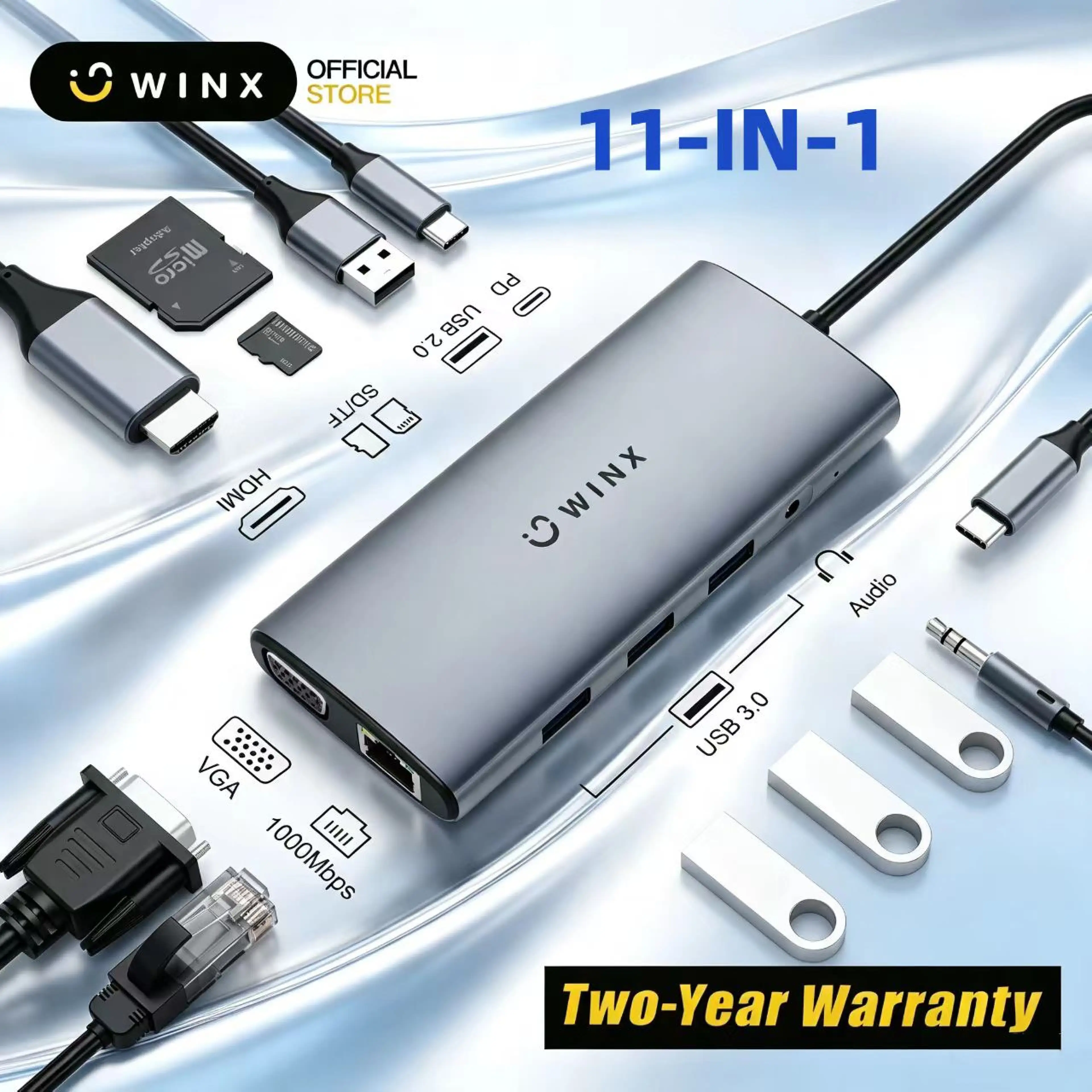 WINX(two-year warranty)11-in-1 Type-C Hub multi port hub for high-speed data transmission compatible with laptops, Windows, Linux, & Android