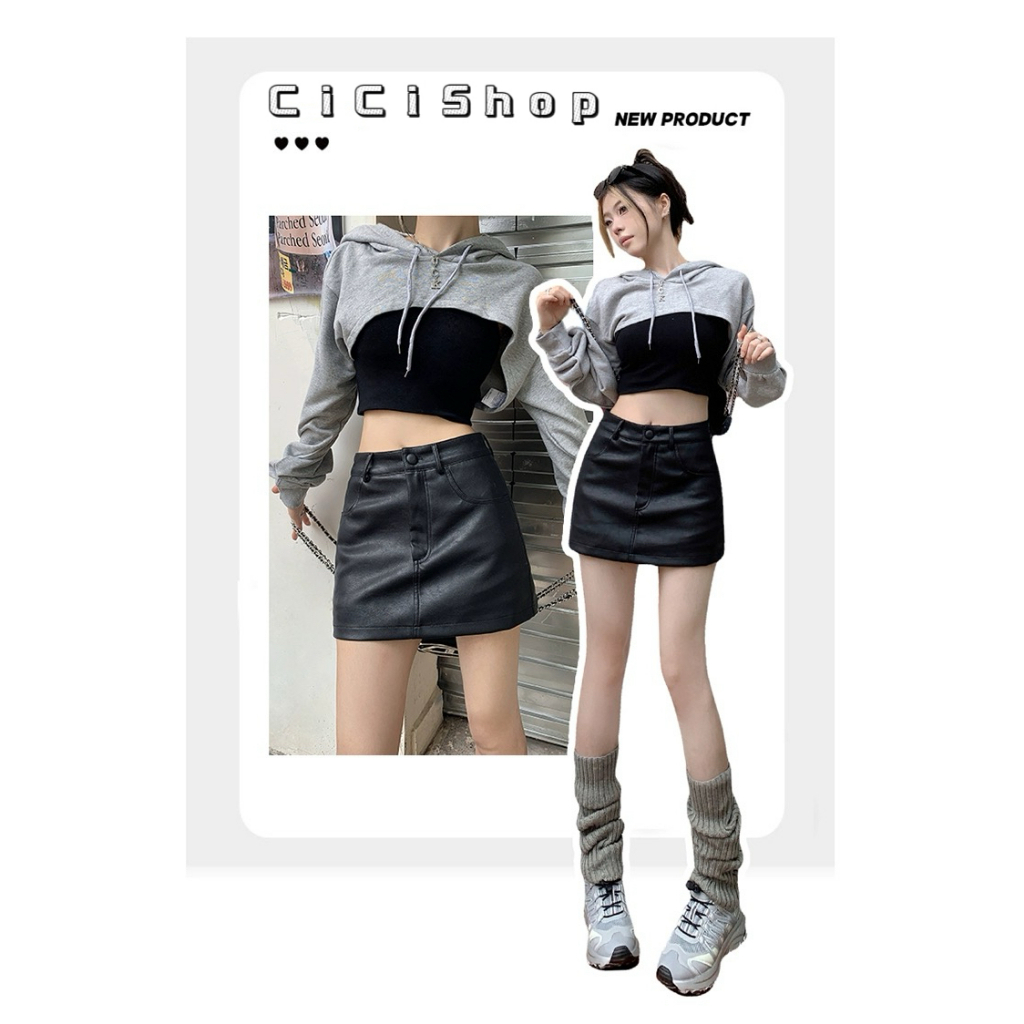 Cici(NEW2636)กระโปรงสั้น ผ้าหนัง ซับในกางเกง ทรงสวยเก็บสัดส่วนได้ดี สไตล์วินเทจ ราคา 171 บาท*ส่งฟรี